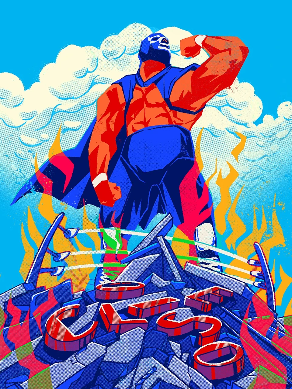 Ilustración de Blue Demon con máscara azul y pose de fuerza, en azul, naranja y amarillo