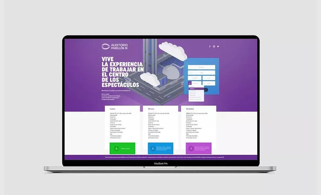 Diseño web de Auditorio Pabellón M mostrado en una interfaz digital