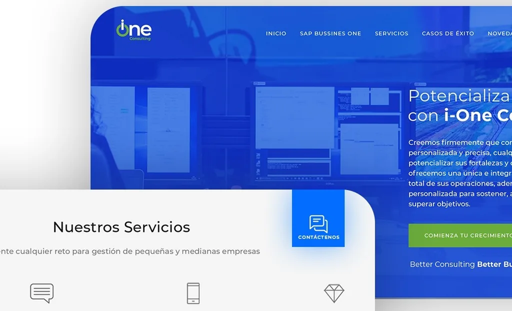 Diseño web de i-One Consulting mostrado en una interfaz digital