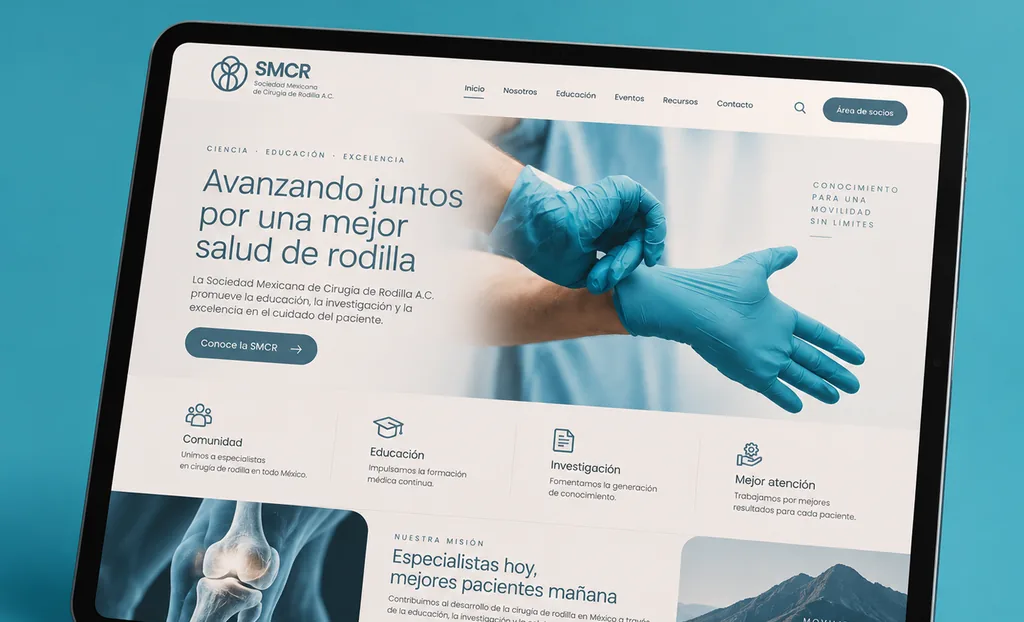 Diseño web de Sociedad Mexicana de Cirugía de Rodilla mostrado en una interfaz digital