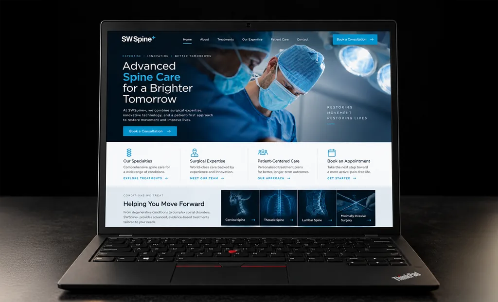 Diseño web de SWSpine mostrado en una interfaz digital