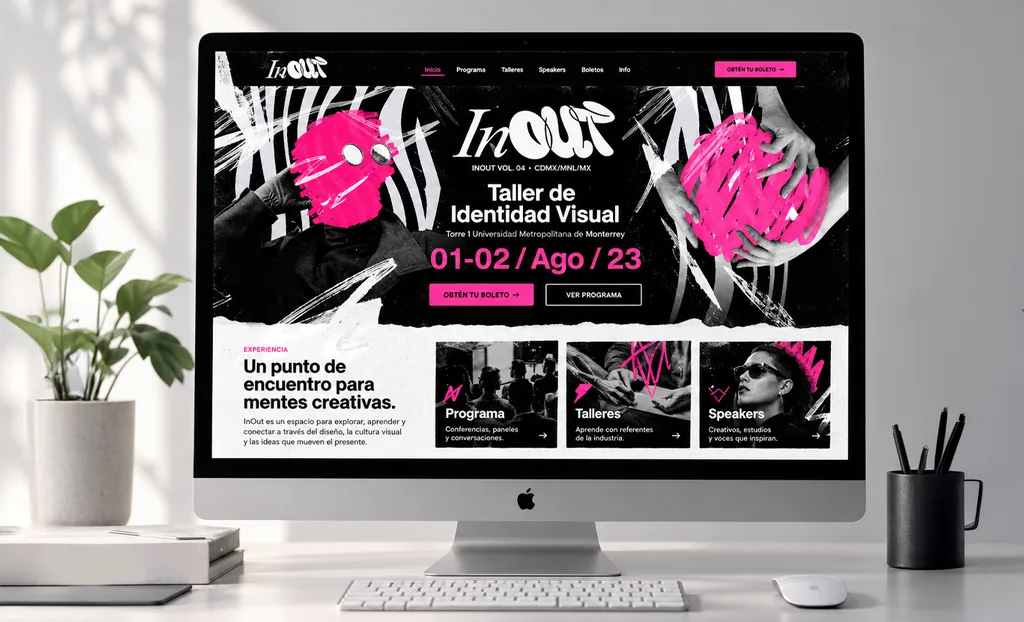 Diseño web de InOut · UMM mostrado en una interfaz digital