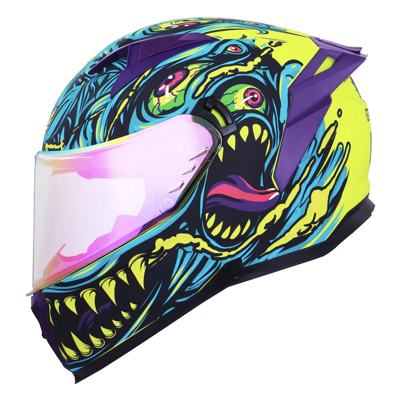 Casco BKR con criaturas y ojos en azul, verde y amarillo