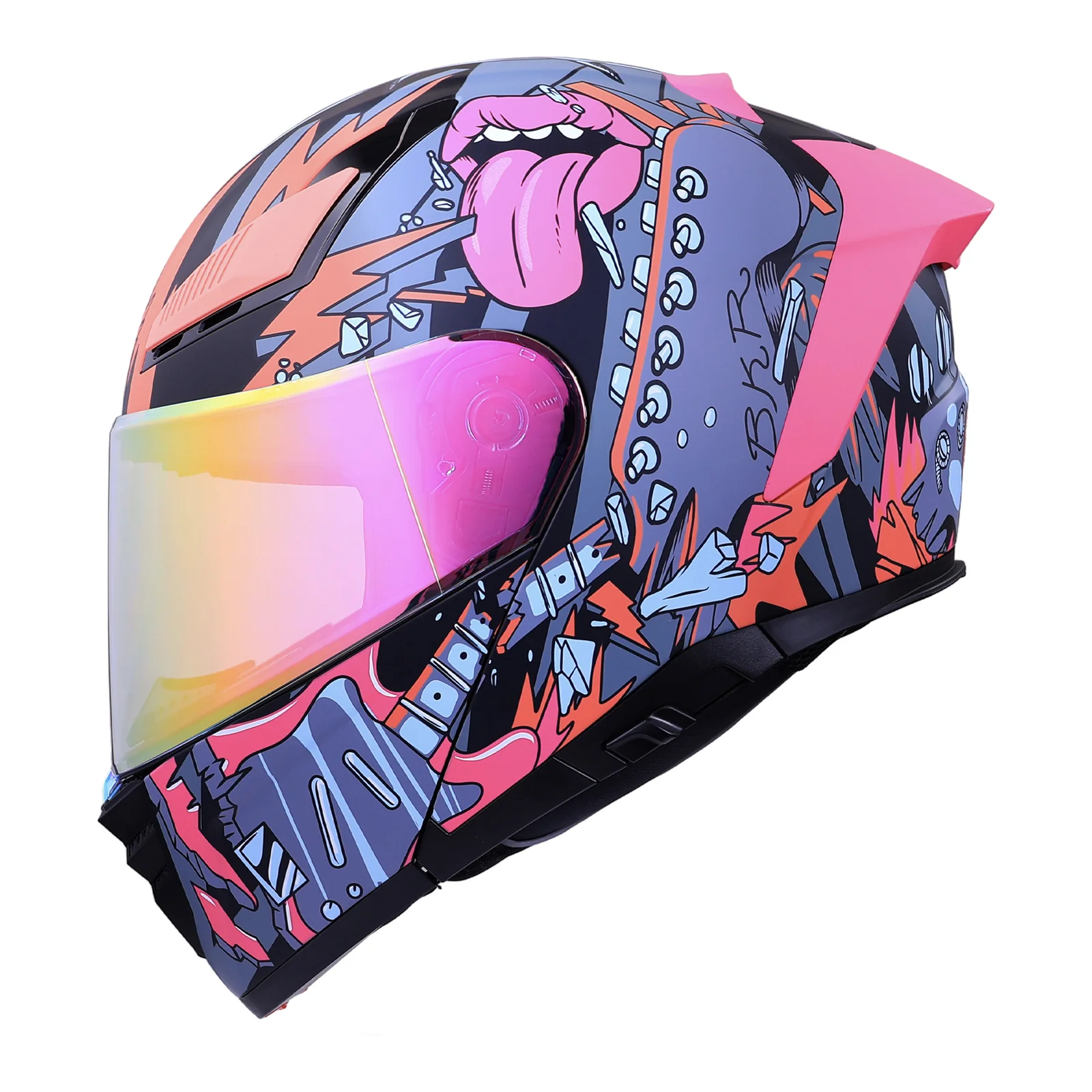 Casco BKR con guitarra, rayos y labios en rosa y naranja