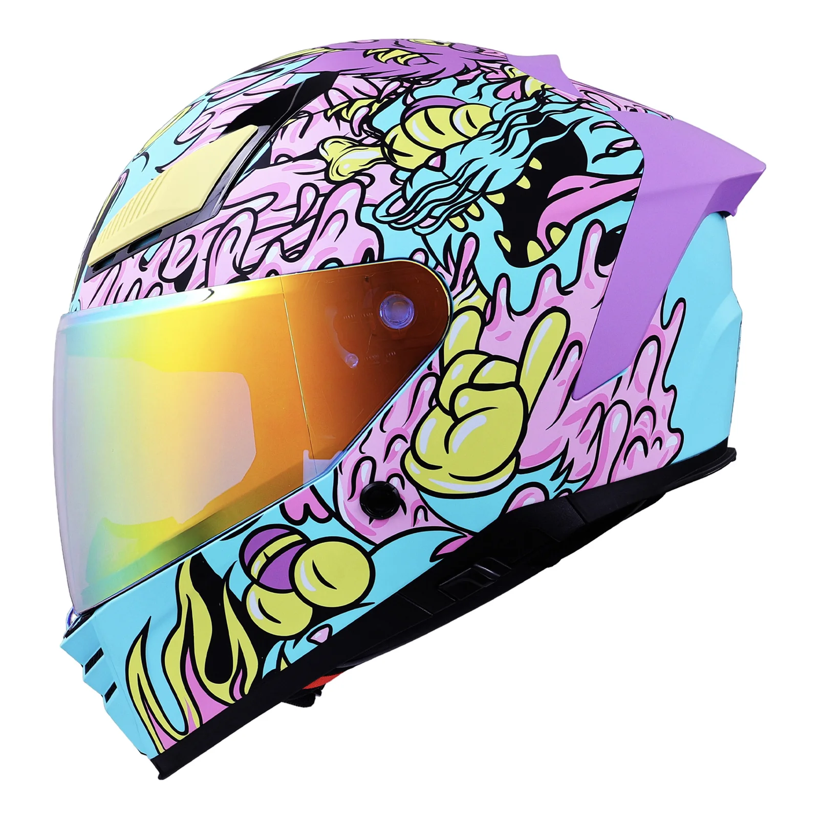 Casco BKR con personajes y manos en rosa, azul y amarillo