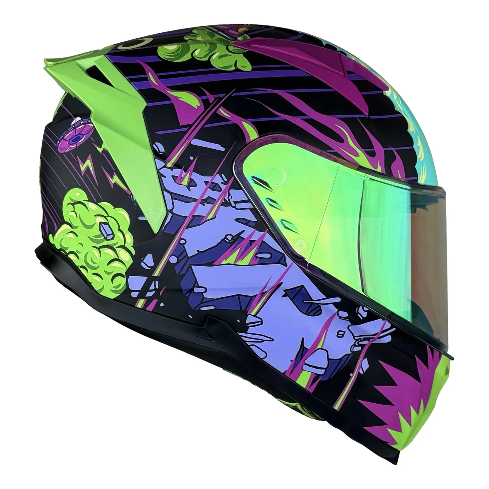 Casco BKR con ilustración de formas gráficas en verde y morado