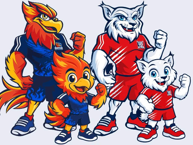 Diseño de mascotas: ave de fuego y lince en versiones adultas e infantiles con uniformes deportivos