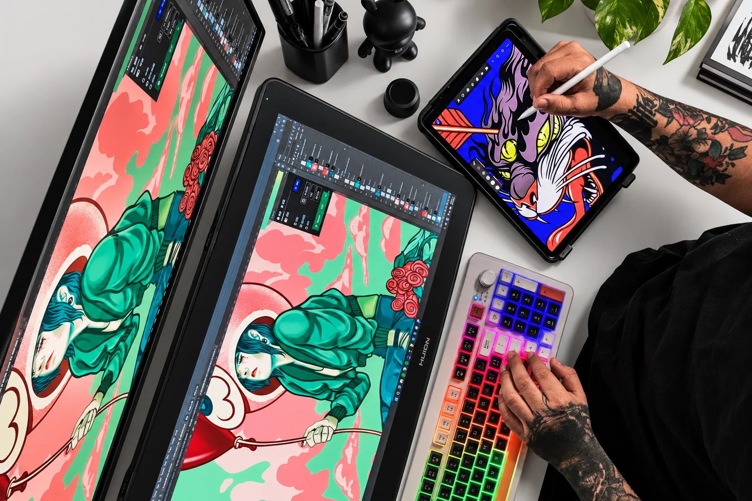 Alfredo Porras’s studio: digital illustration on a screen and drawing tablet
