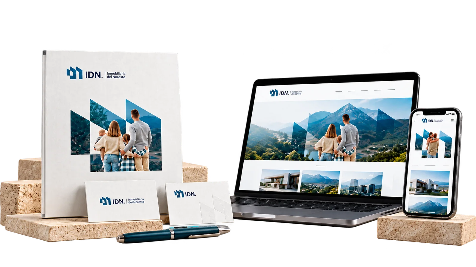 Identidad visual de IDN aplicada a papelería y diseño web en computadora y móvil