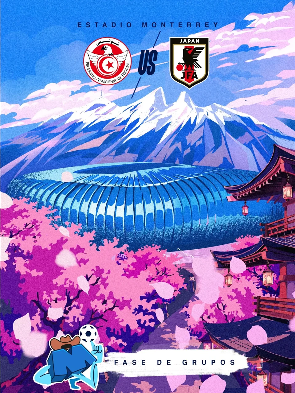 Ilustración de un estadio japonés, monte Fuji y flores de cerezo para México contra Japón