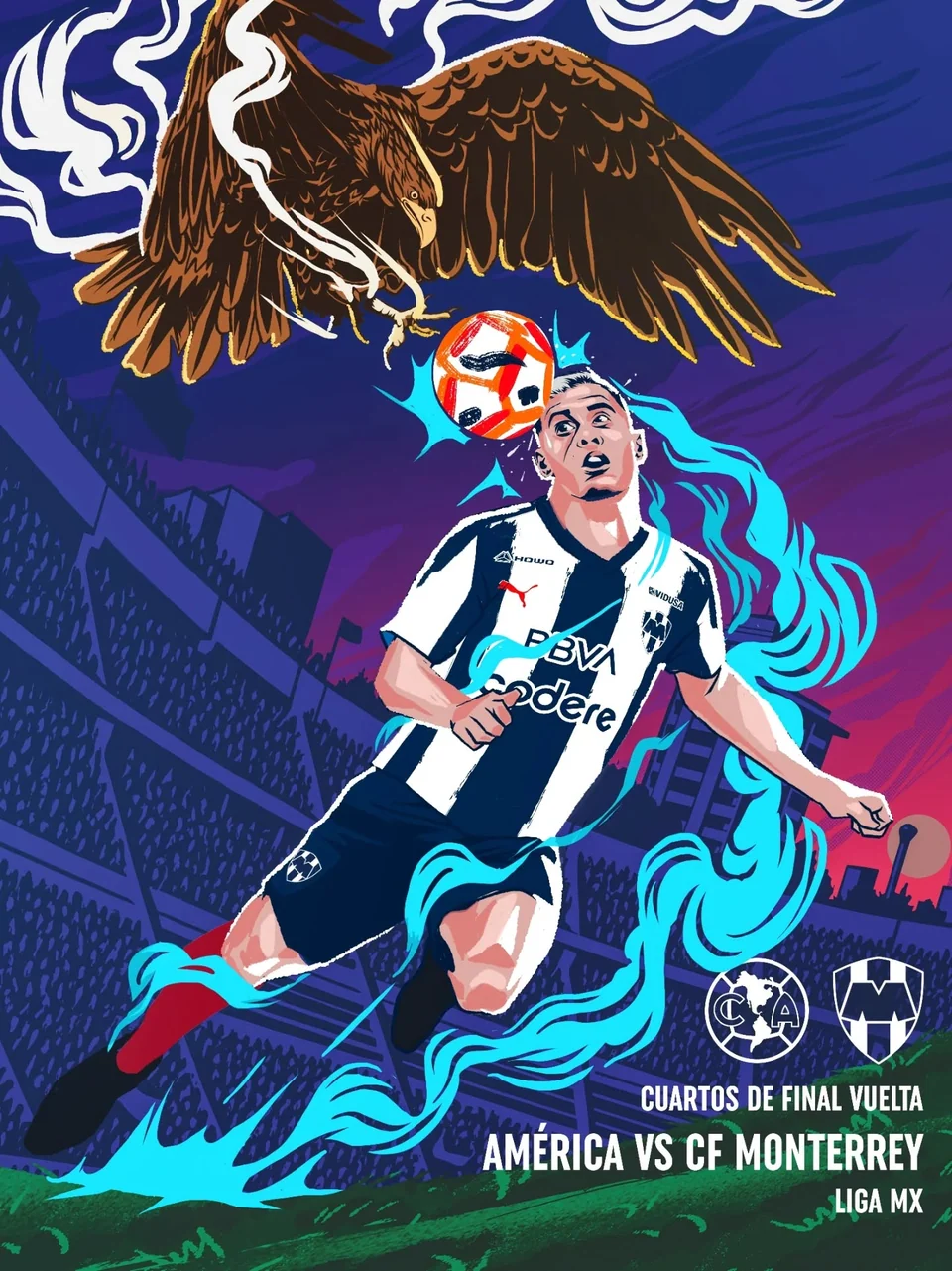 Ilustración de un futbolista de Rayados con un águila y trazos azules