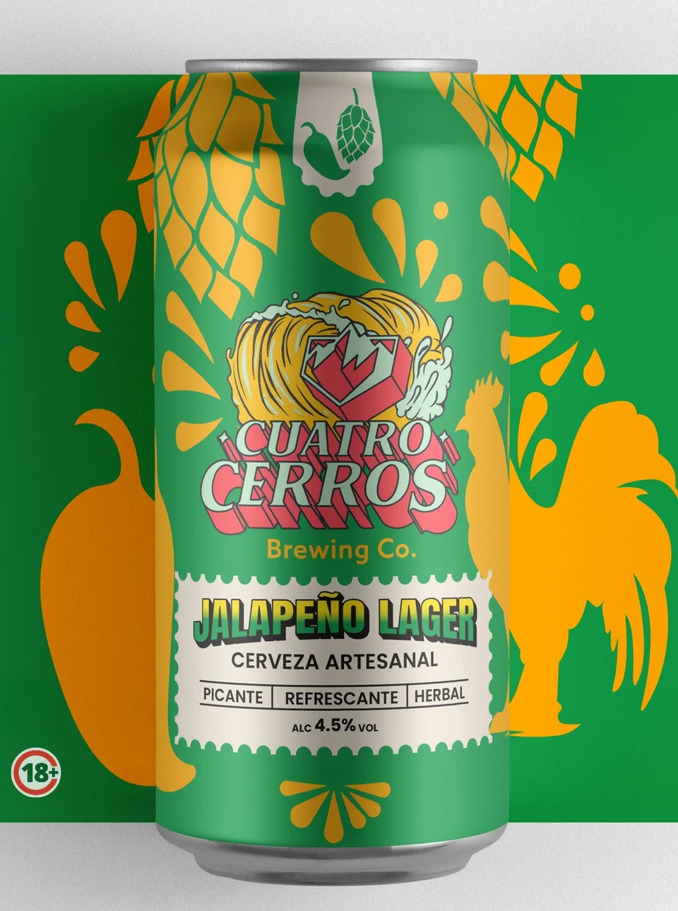 Ilustración de vegetación y lettering en una lata de cerveza Cuatro Cerros