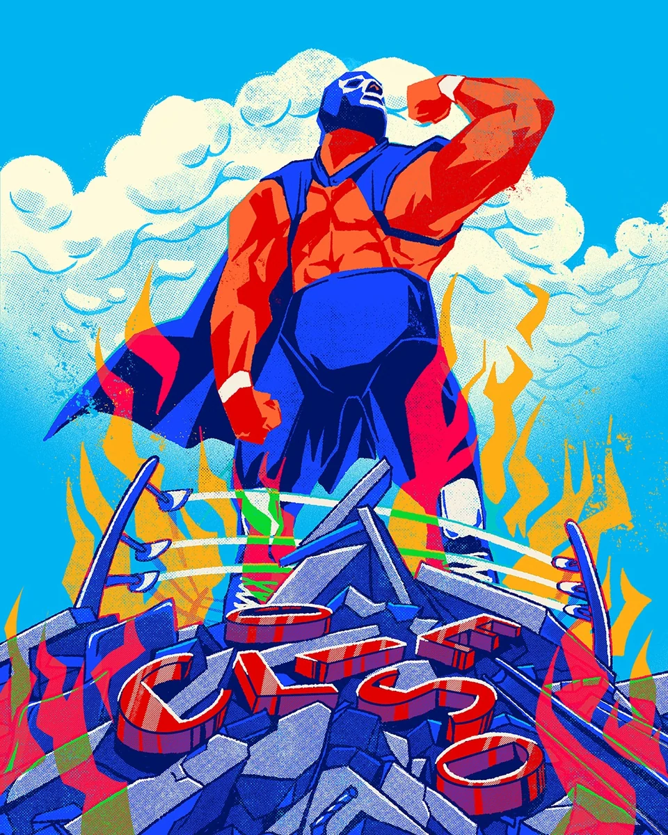 Ilustración de un luchador enmascarado en azul y naranja sobre letras tridimensionales
