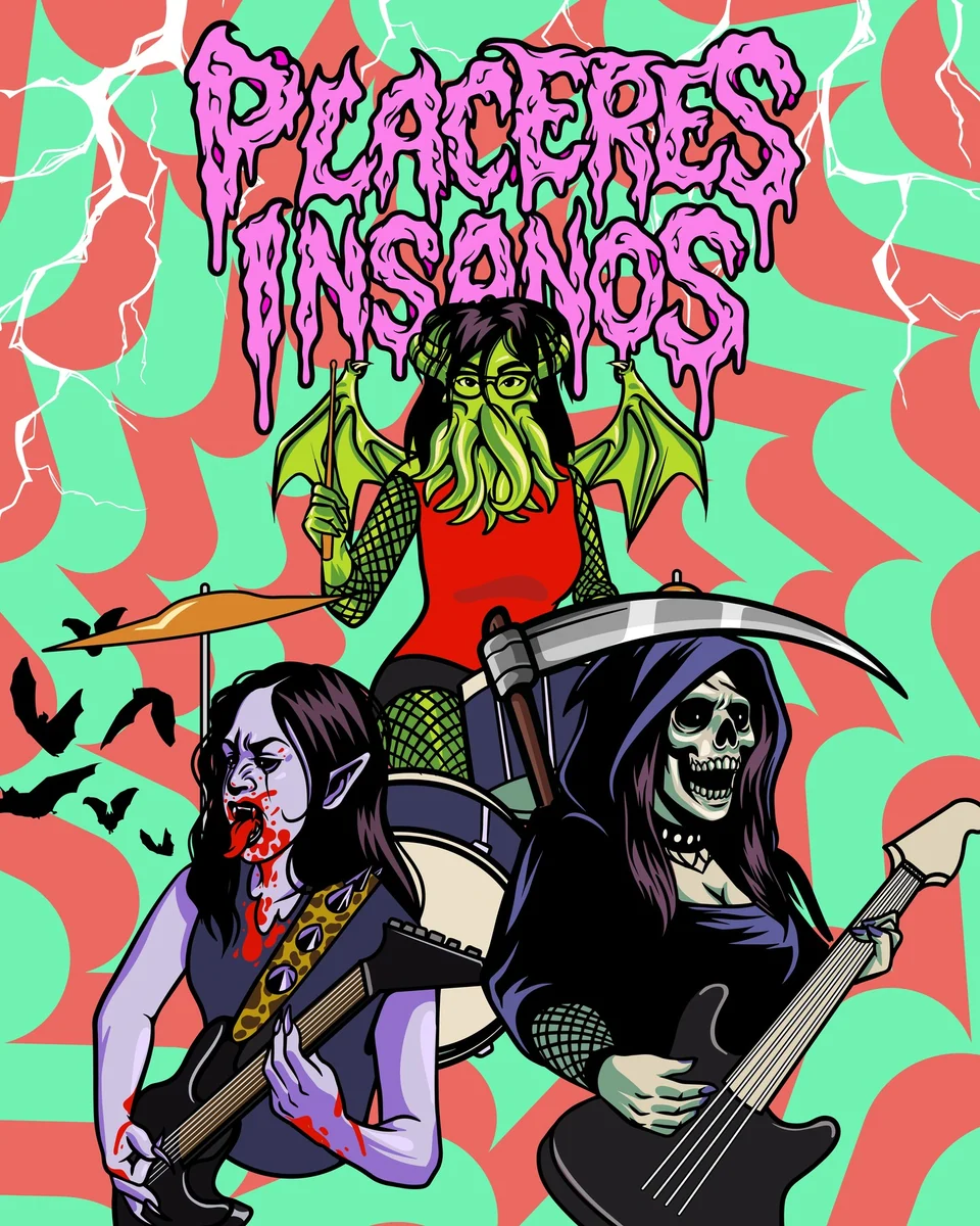 Cartel ilustrado de Placeres Insanos con personajes y letras en rosa y verde