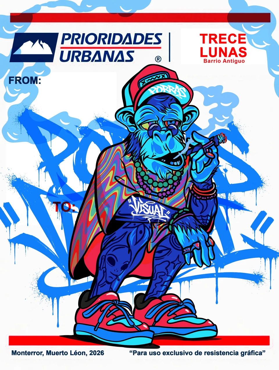 Personaje azul con gorra, gafas y ropa urbana sobre un fondo de grafiti