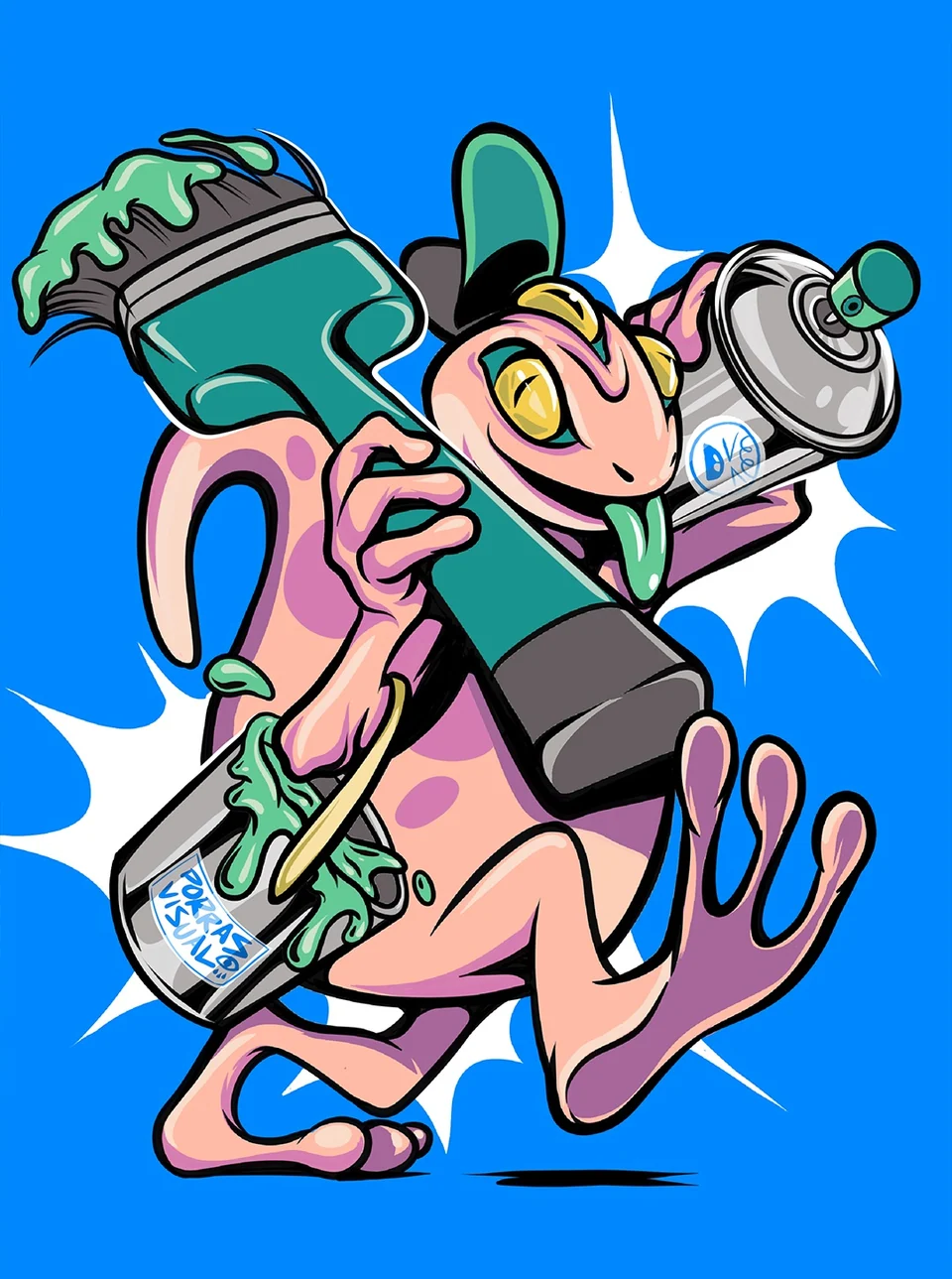 Personaje de rata con gorra y aerosol sobre un fondo azul