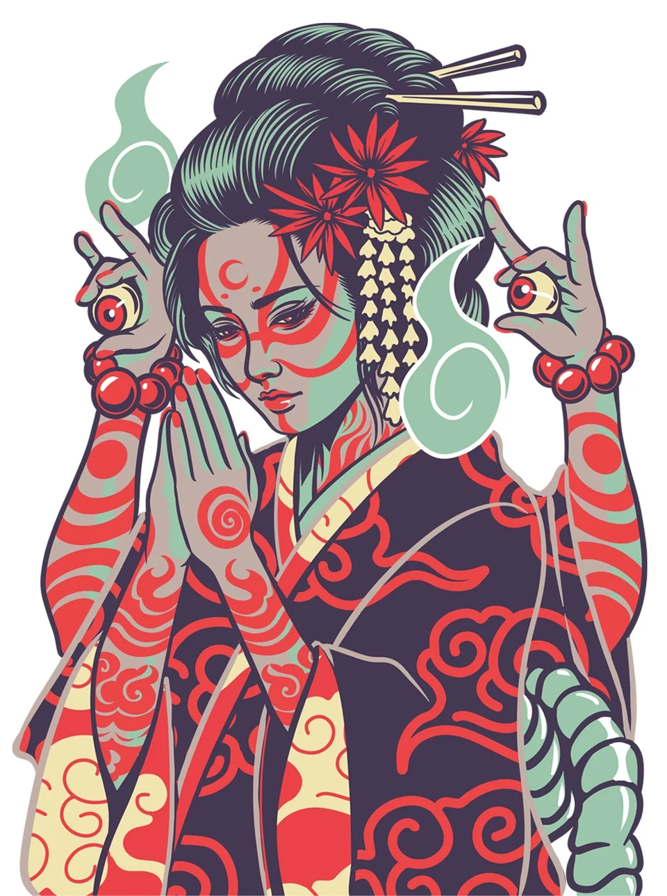 Personaje femenino ilustrado con tatuajes, flores y detalles japoneses