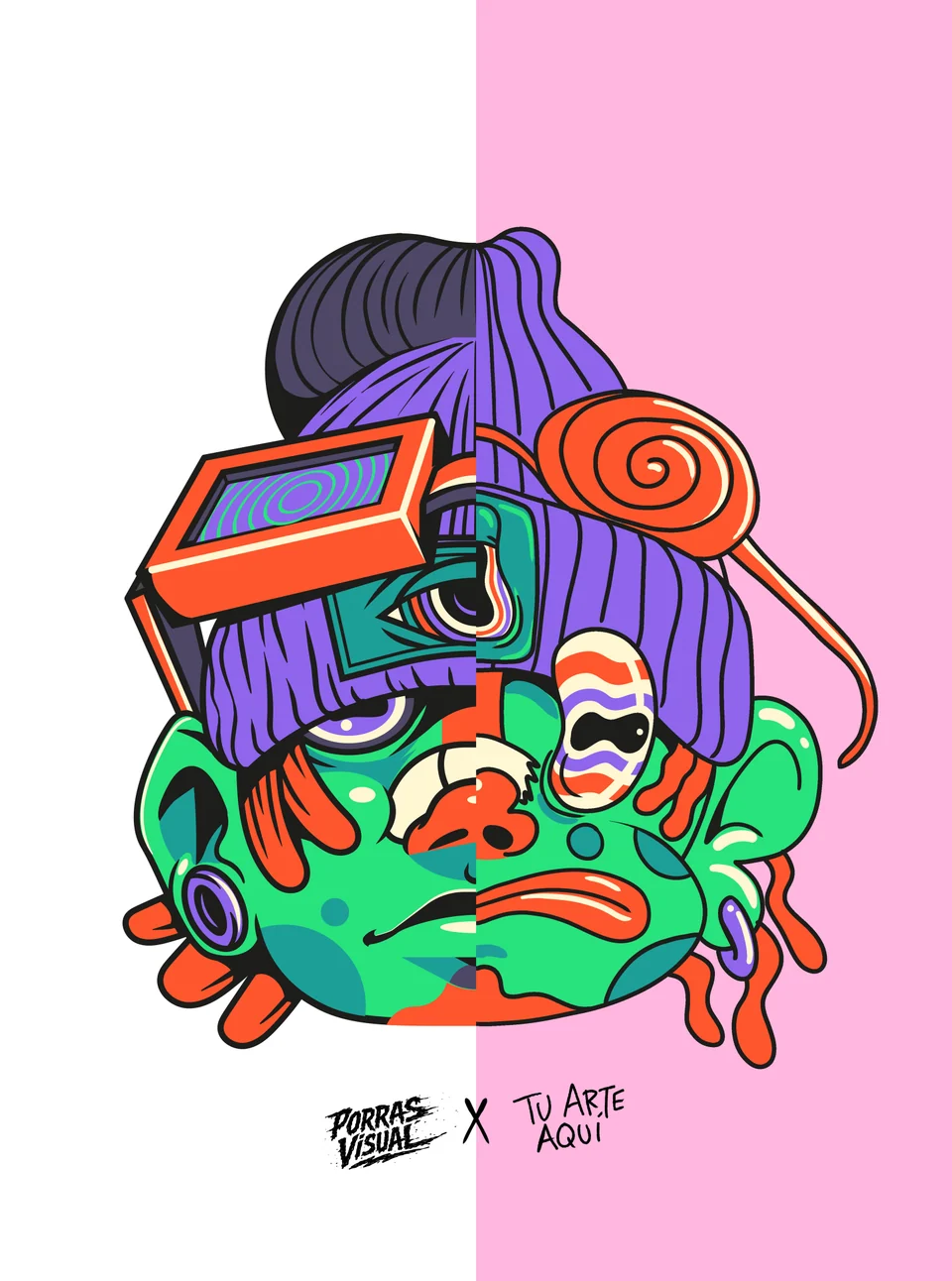 Rostro de personaje verde con cabello violeta y accesorios naranjas