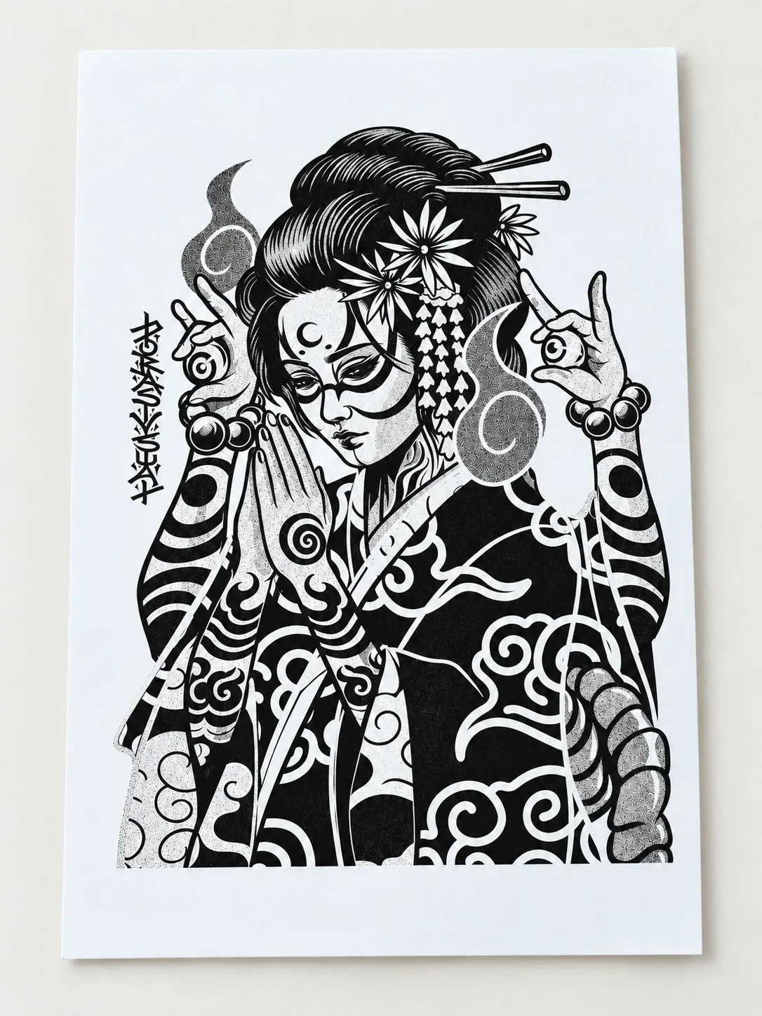Manos que miran: linograbado de una mujer con flores y manos, en negro