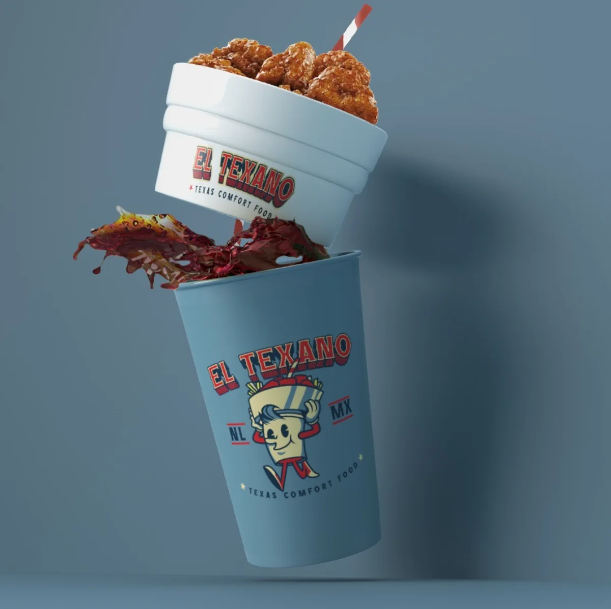 Mascota de El Texiano aplicada a un vaso de comida rápida junto a un recipiente de pollo