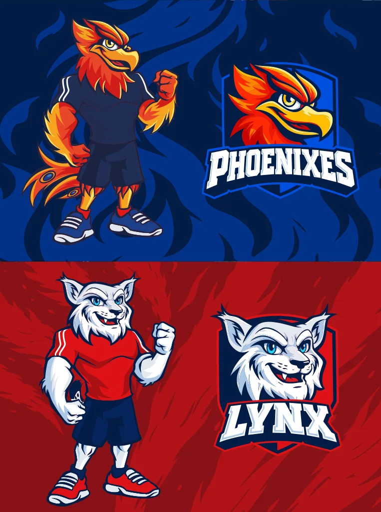 Mascotas IAB: Phoenixes y Lynx con sus escudos deportivos