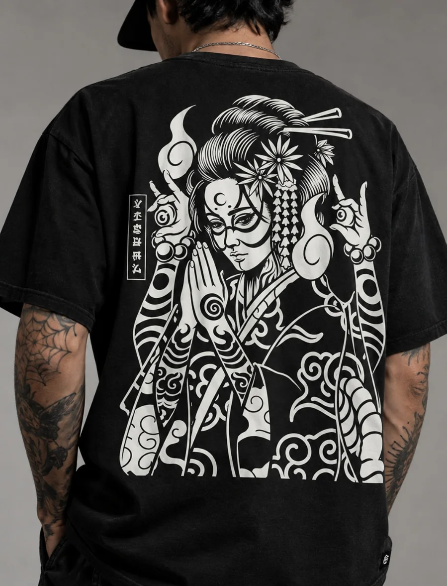 Manos que miran: espalda de la playera negra con ilustración blanca