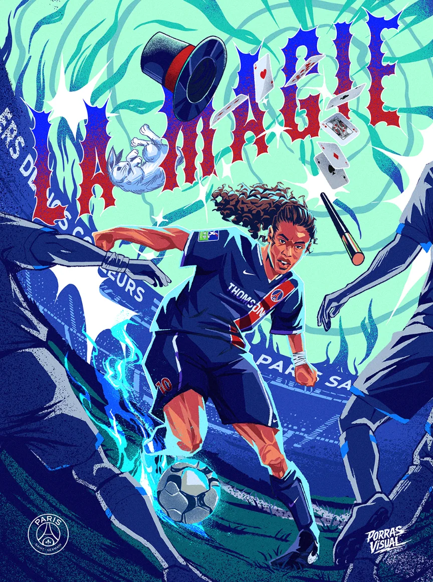 PSG football illustration with playing cards, a top hat and magical effects