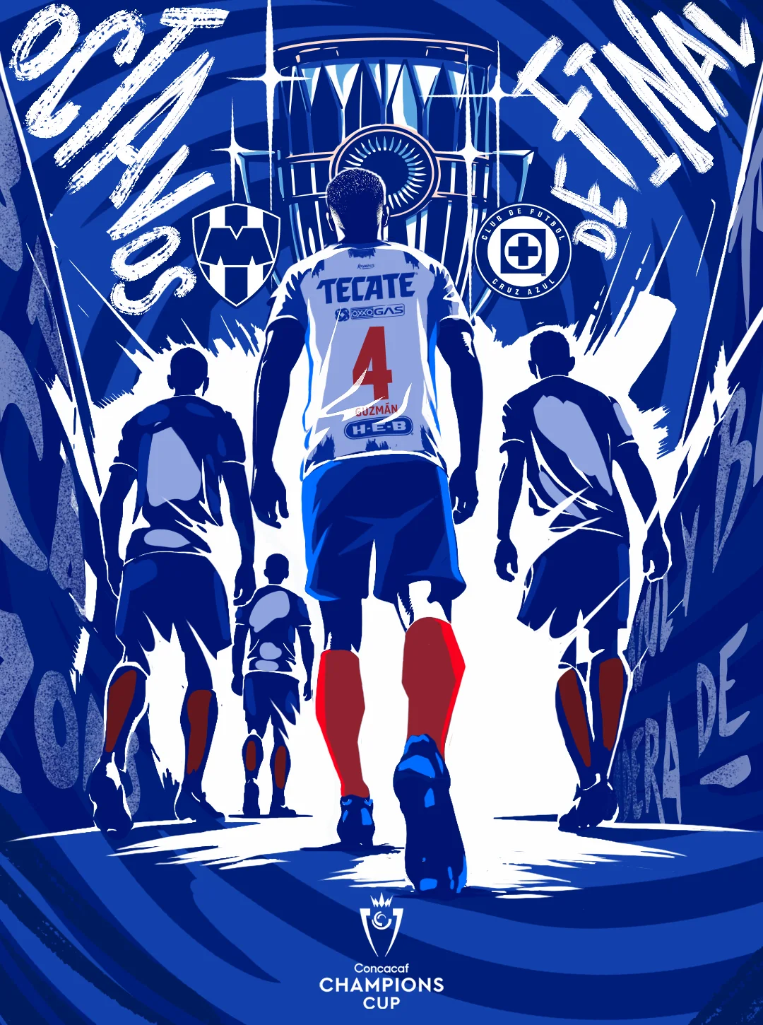 Ilustración del equipo de Rayados avanzando hacia el trofeo para Monterrey contra Cruz Azul