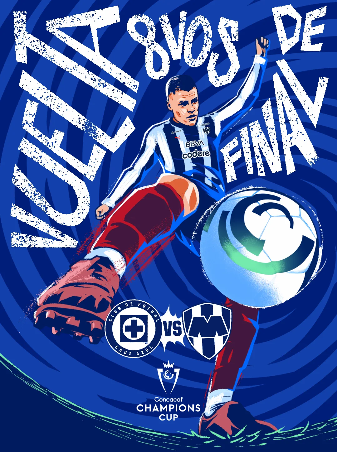 Ilustración de un jugador de Rayados pateando el balón para Cruz Azul contra Monterrey