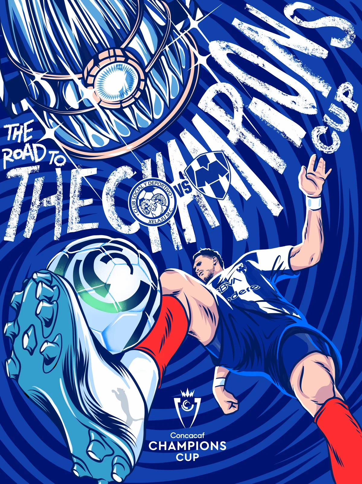 Ilustración de un jugador de Rayados y el trofeo para Xelajú contra Monterrey
