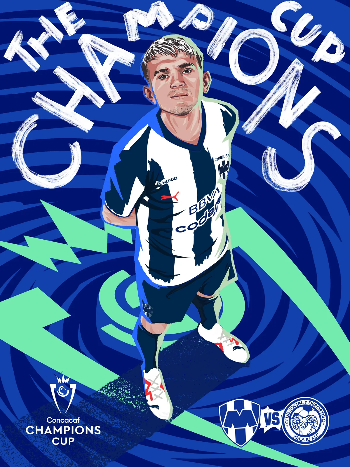 Ilustración de un jugador de Rayados sobre fondo azul con trazos verdes para Monterrey contra Xelajú