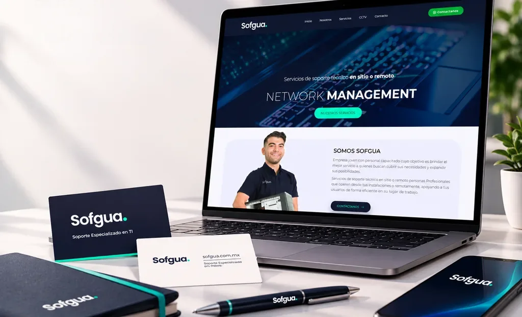 Diseño del sitio web de Sofgua, empresa de soporte especializado en TI, presentado en una computadora portátil