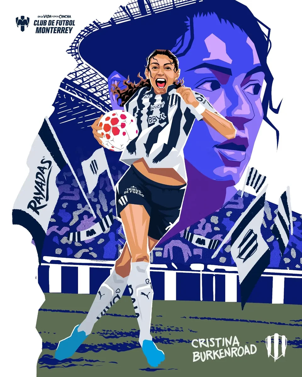 Retrato ilustrado de Sergio Canales en una composición azul y blanca