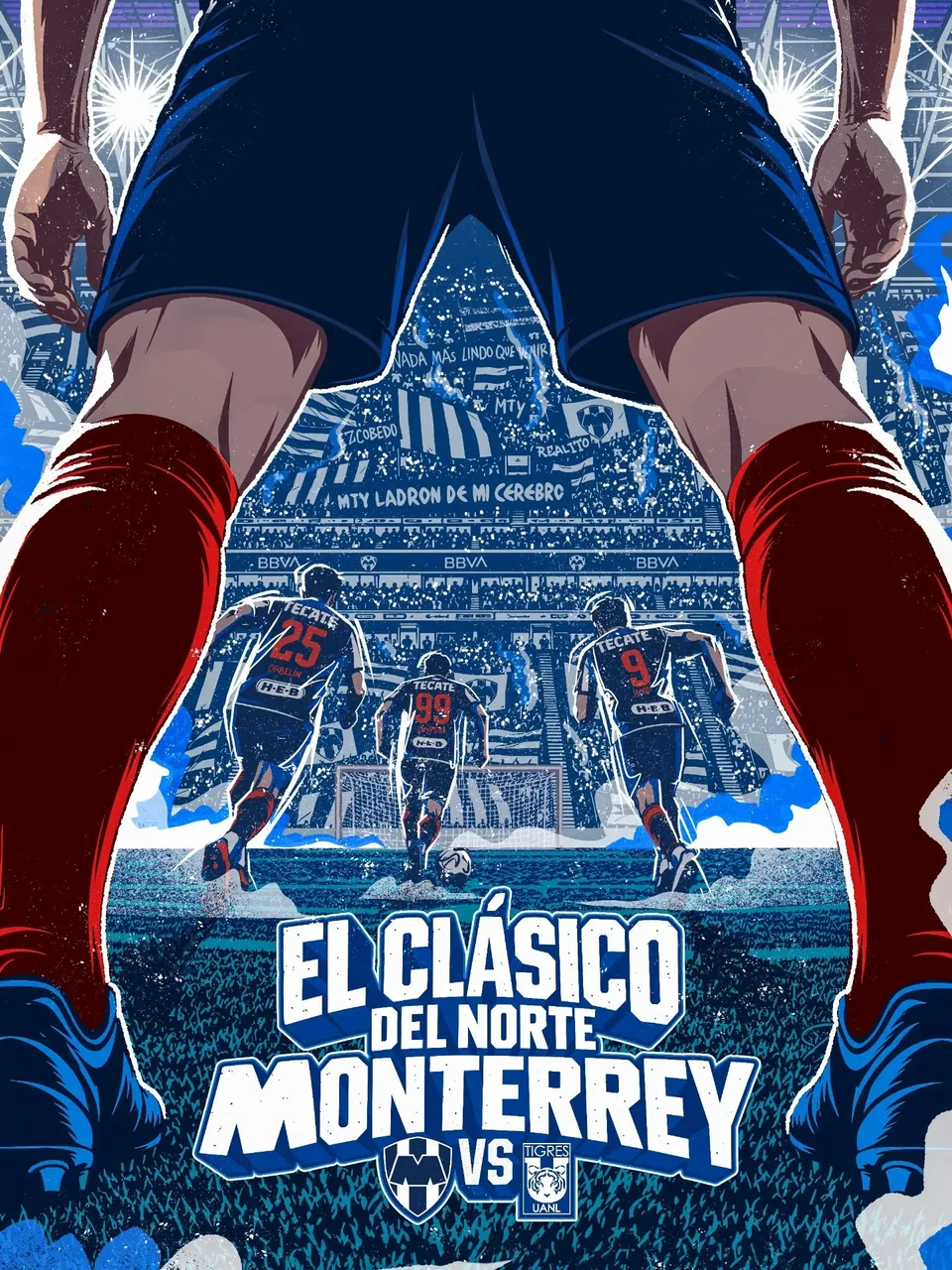 Ilustración del Clásico de Monterrey vista entre las piernas de un jugador