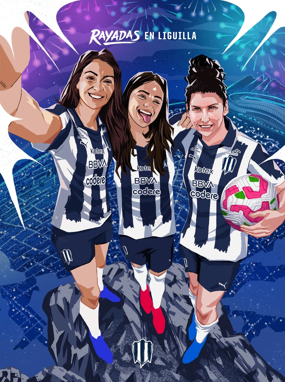 Ilustración de aficionadas con camisetas de Rayadas