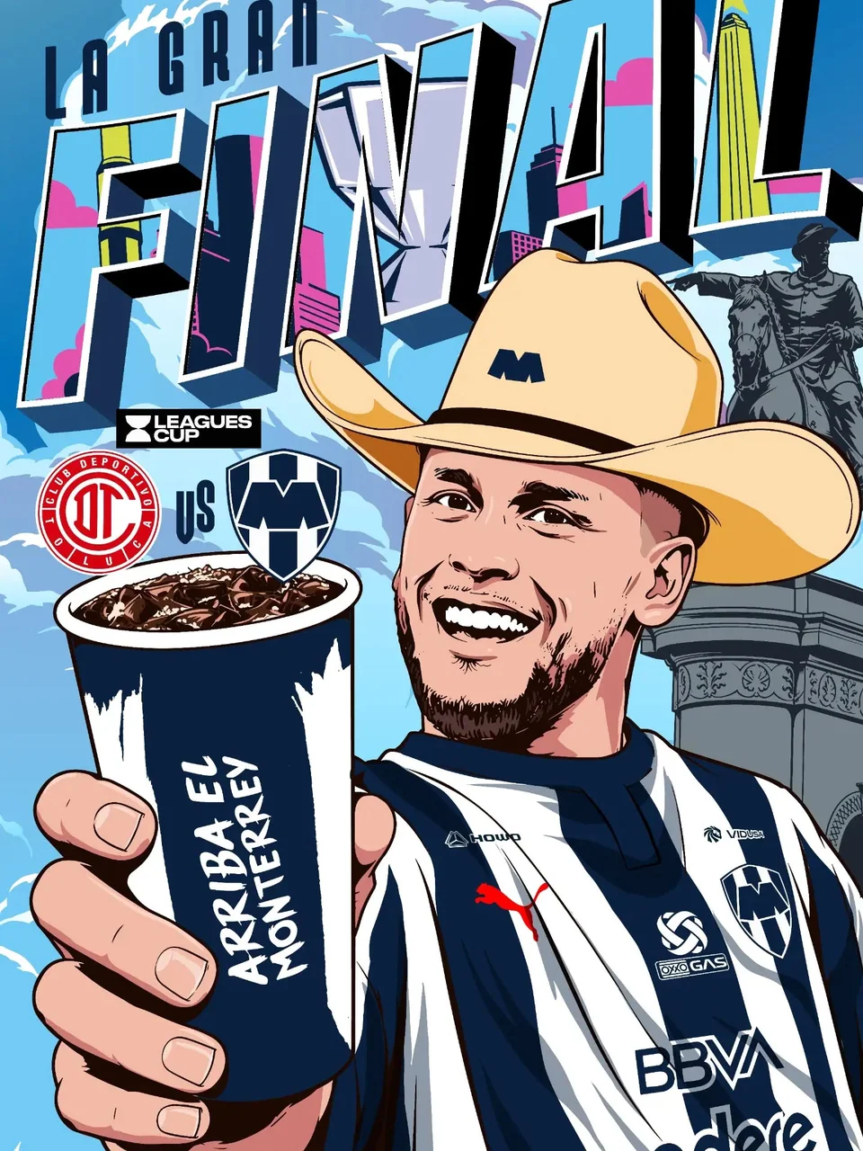 Ilustración de un jugador de Rayados con sombrero y un vaso para una final