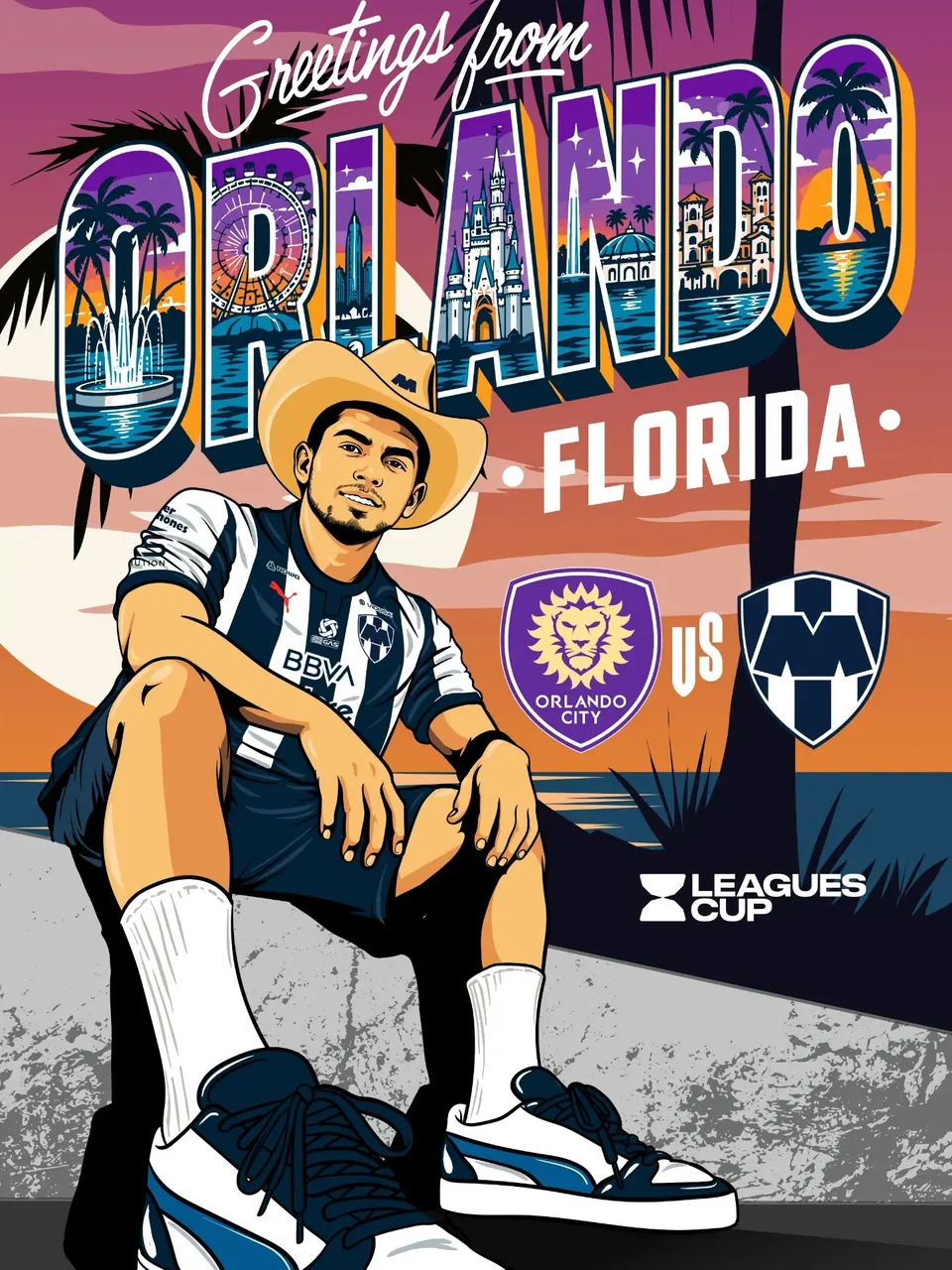 Ilustración de un jugador de Rayados sobre un balón en Orlando