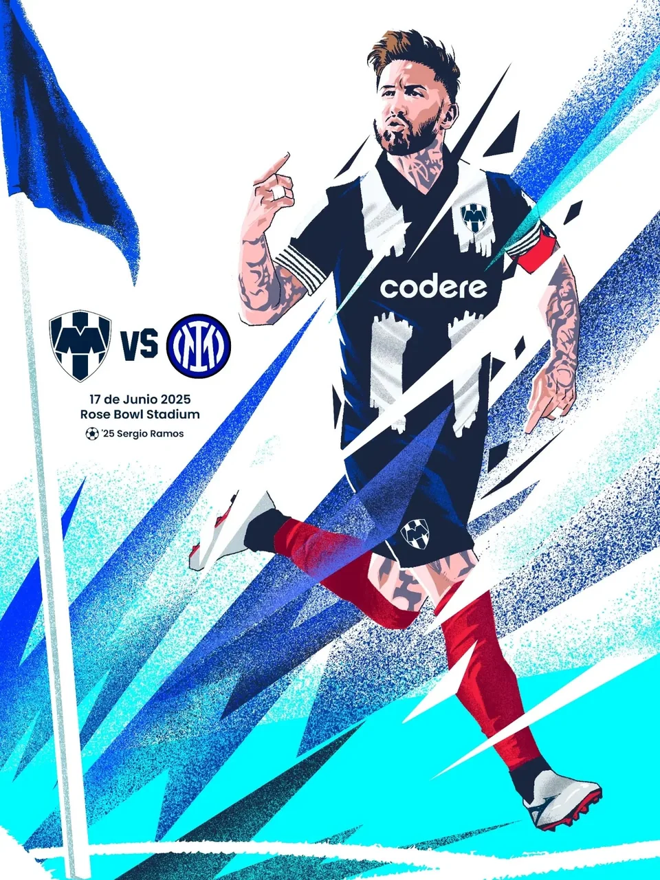 Ilustración de un futbolista de Rayados con camiseta blanca y azul