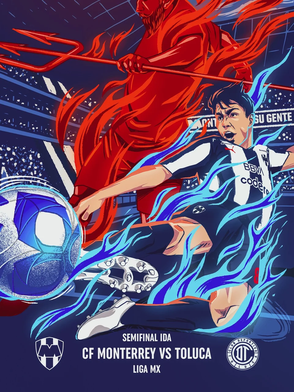 Ilustración de Rayados contra Toluca con trazos rojos y azules