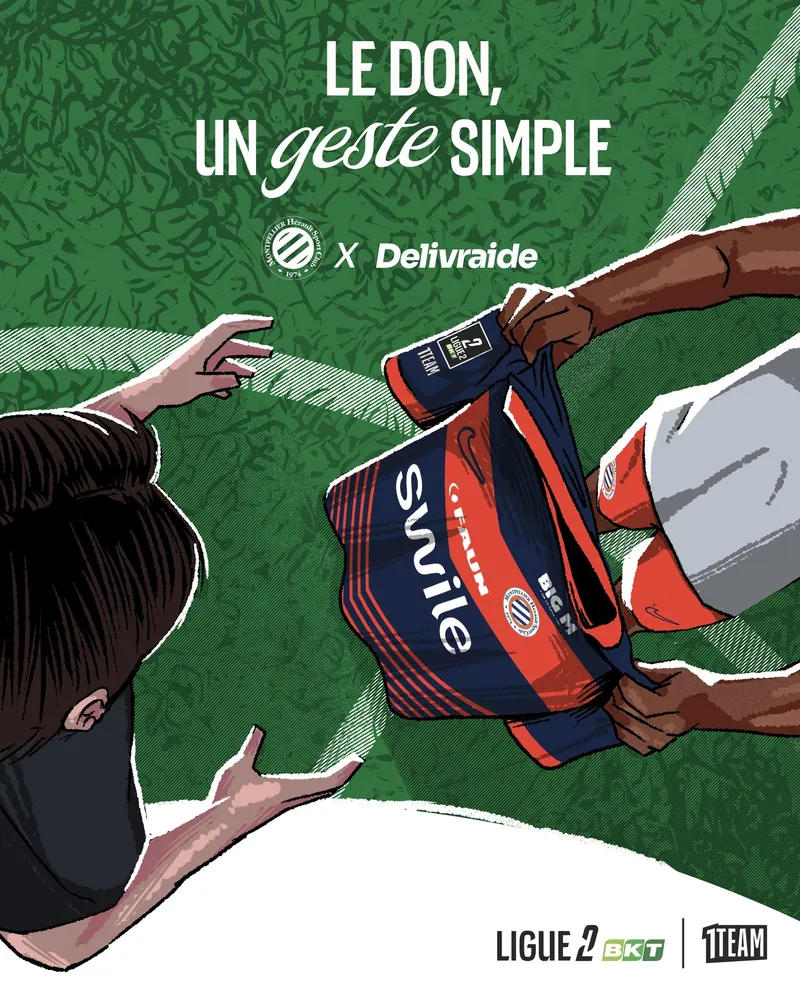 Campaña ilustrada de donación de camisetas de Ligue 2 en azul y rojo