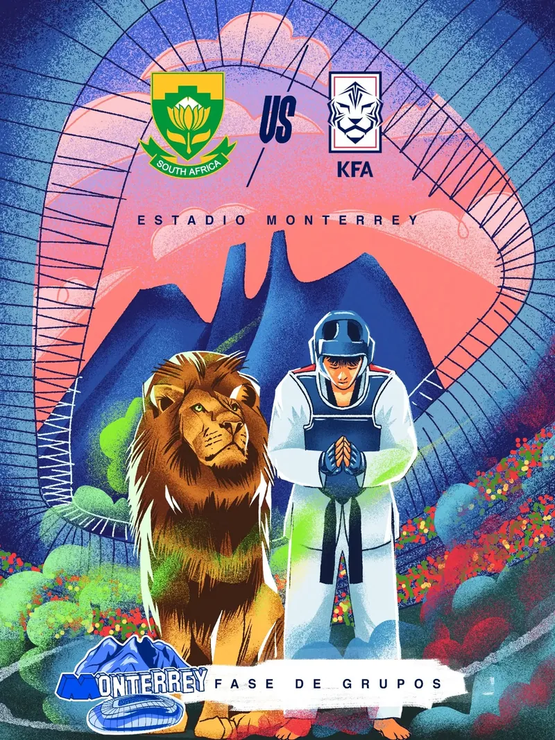 Ilustración de México contra Sudáfrica con estadio y mascotas