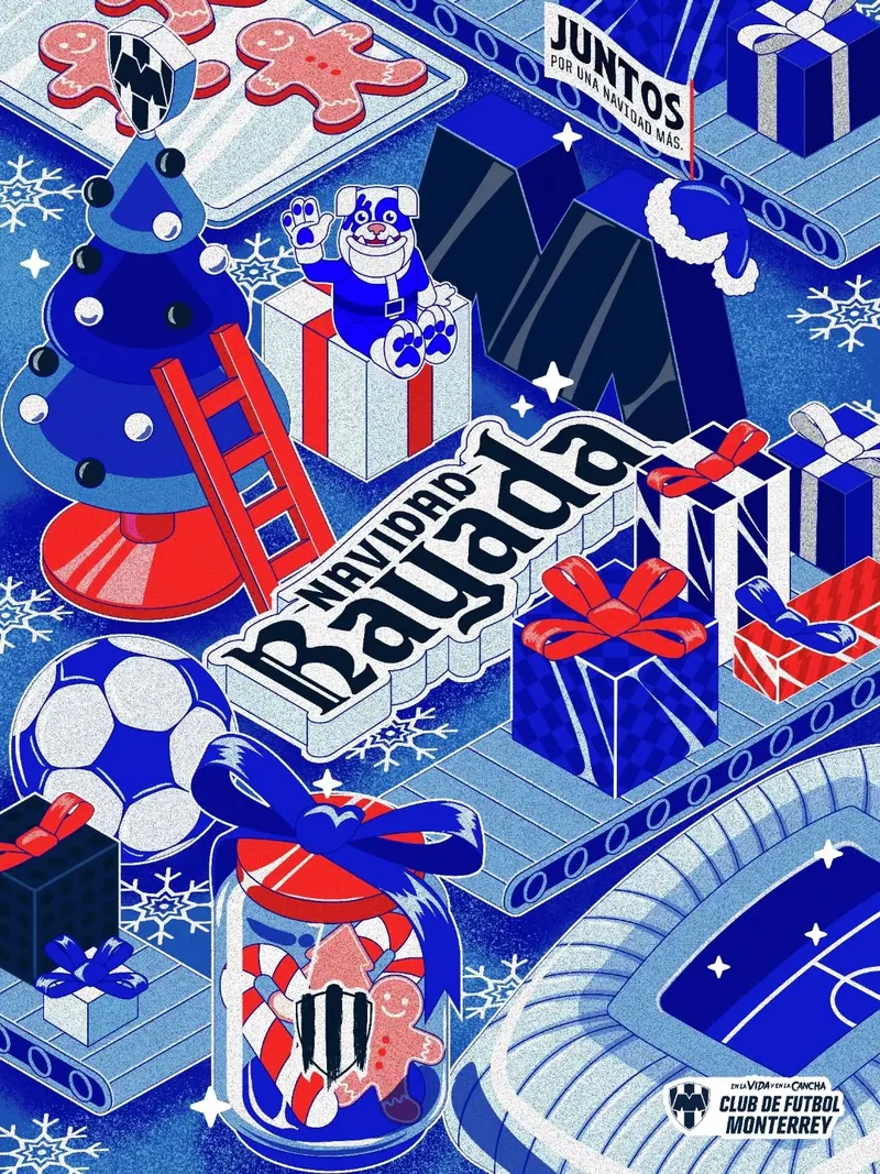 Ilustración de Rayados contra Chivas con símbolos de los equipos