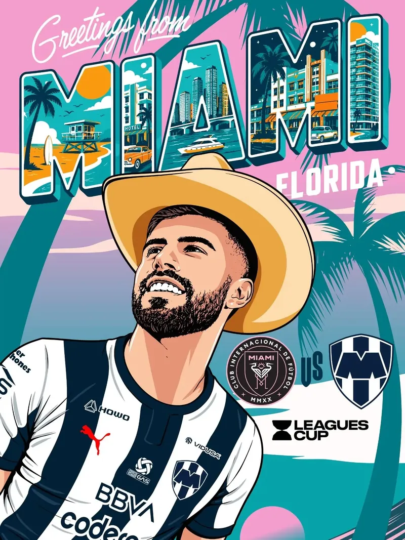 Futbolista de Rayados ilustrado frente a Miami