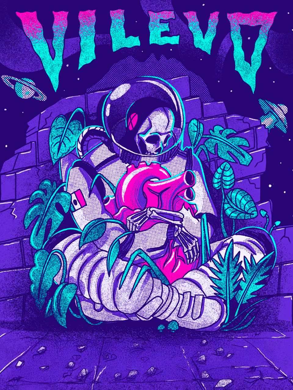 Ilustración de Vilevo con un astronauta esquelético sosteniendo un corazón entre plantas, en violeta, turquesa y rosa