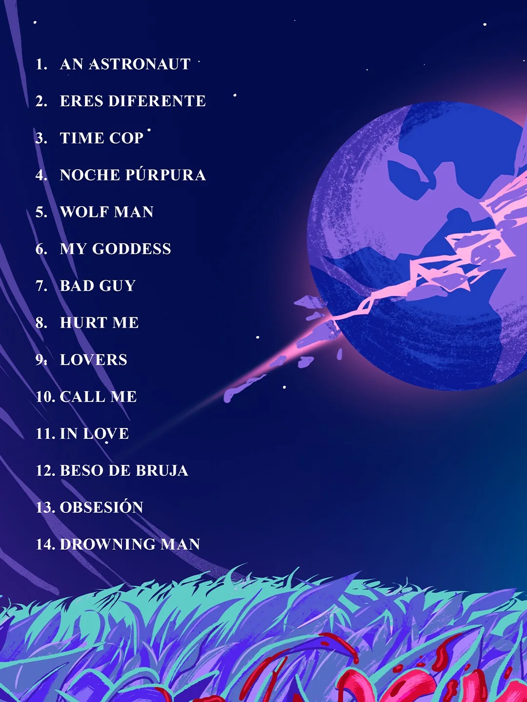 Contraportada de Sonidos del Espacio de Vilevo con lista de canciones y planeta ilustrado