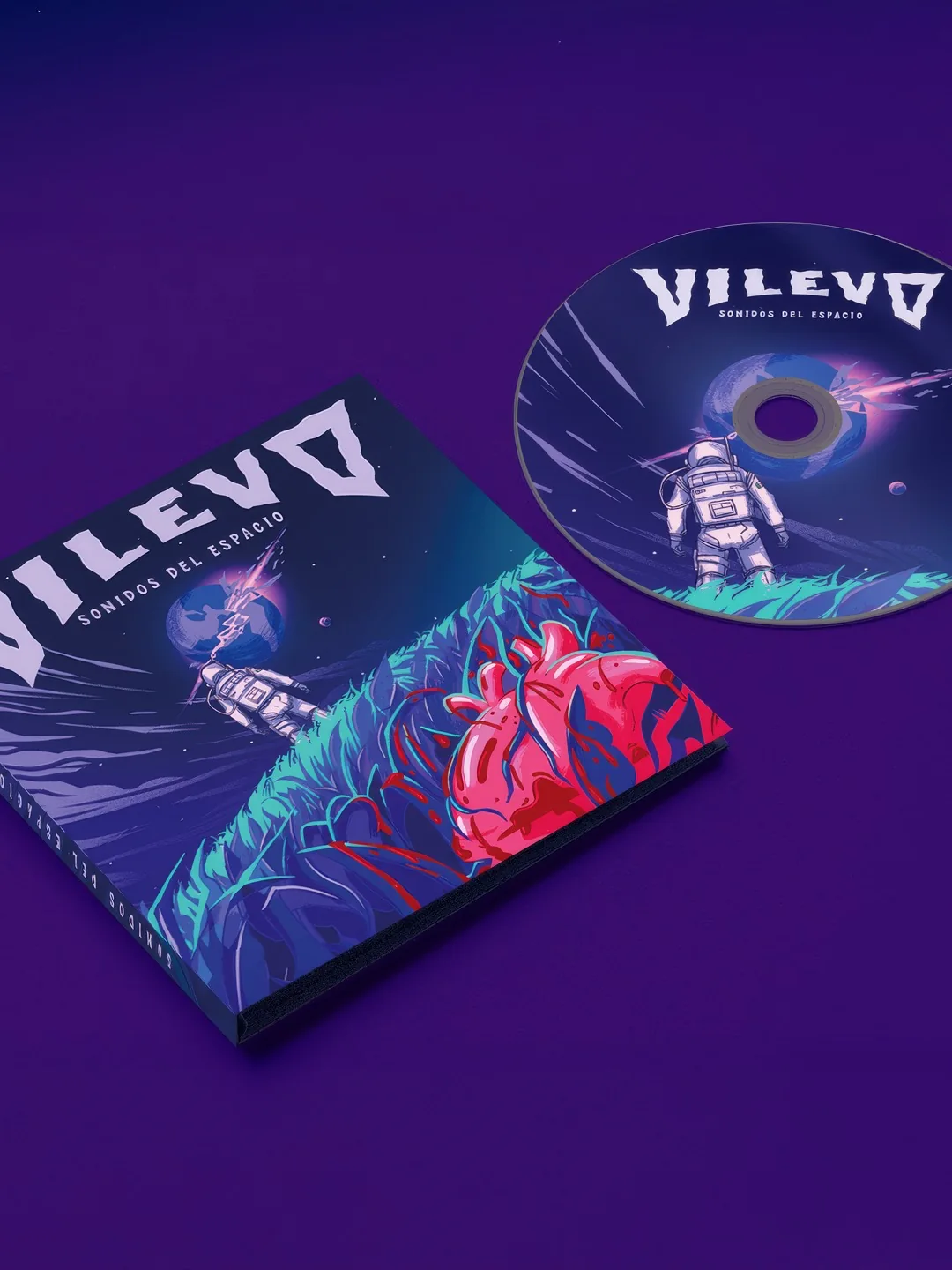 Álbum físico y disco de Sonidos del Espacio de Vilevo sobre fondo violeta