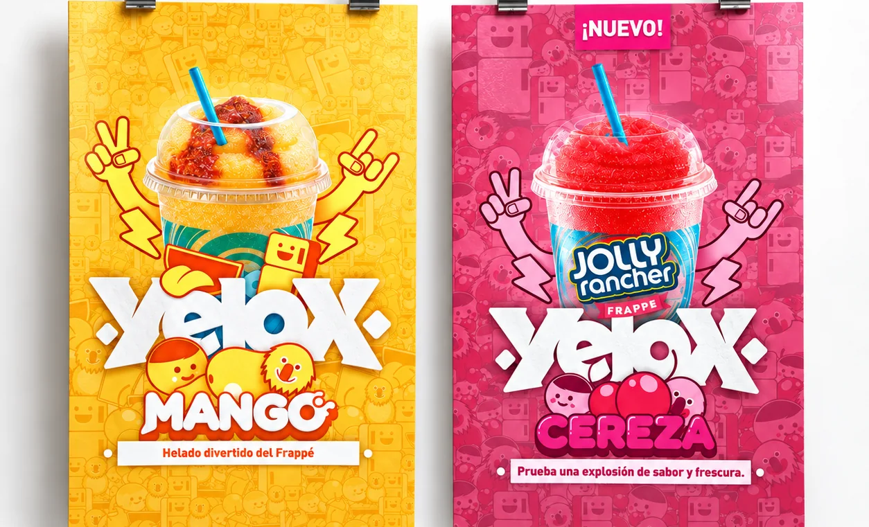 Diseño gráfico publicitario de Yelox: carteles de frappé de mango y Jolly Rancher de cereza