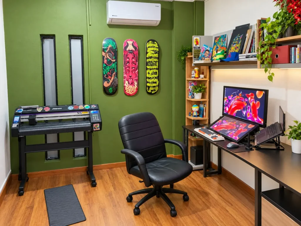 Estudio de Porras Visual en Escobedo, Nuevo León, con tablas ilustradas, plotter de corte y equipo de dibujo digital.