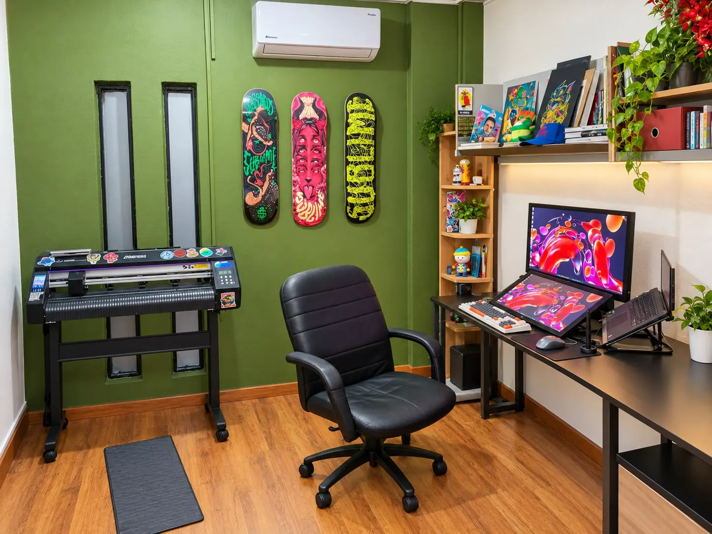 Estudio de Porras Visual en Escobedo, Nuevo León, con tablas ilustradas, plotter de corte y equipo de dibujo digital.